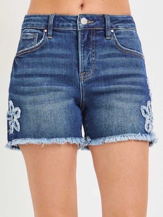 Risen Los Angeles Pants - Risen Dark Wash Flower Patched Frayed hem Denim Jean Shorts